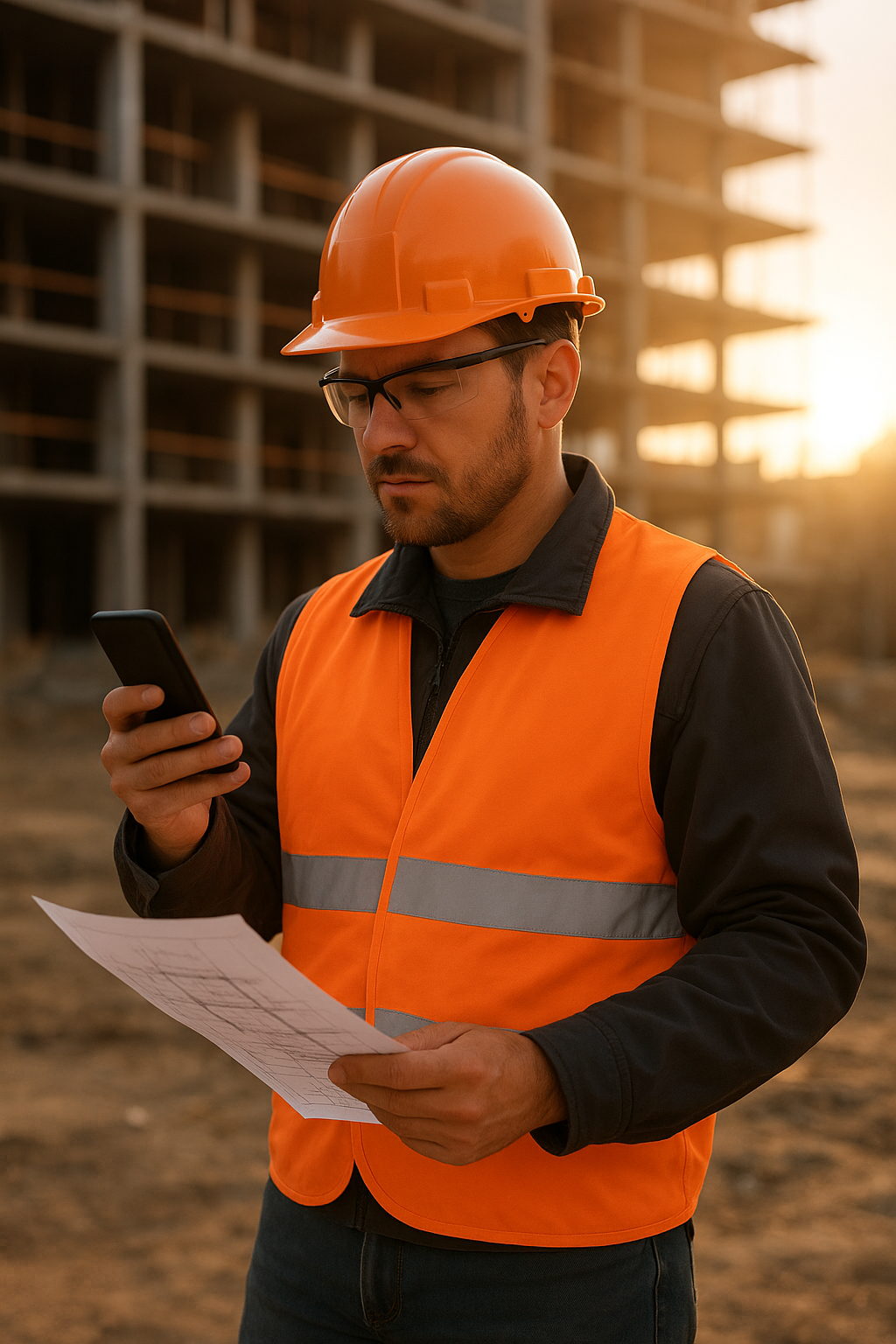 Trabajador de construcción revisando planos con smartphone